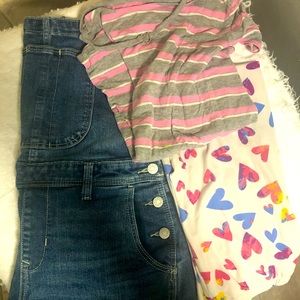 Girls outfit!! Overall shorts, shirt and leggings.
